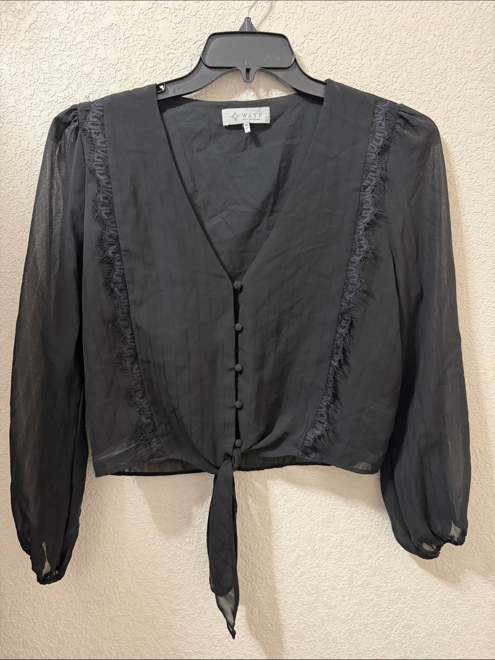 Wayf Black Sheer Tie-Front Blouse with Pintuck Detail